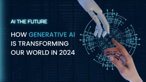 A futuristic visualization showcasing diverse applications of Generative AI in various sectors including healthcare, education, entertainment, and technology in 2024