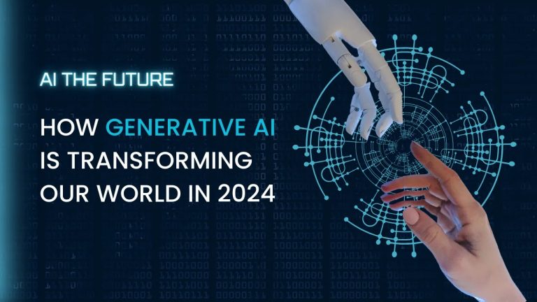 A futuristic visualization showcasing diverse applications of Generative AI in various sectors including healthcare, education, entertainment, and technology in 2024