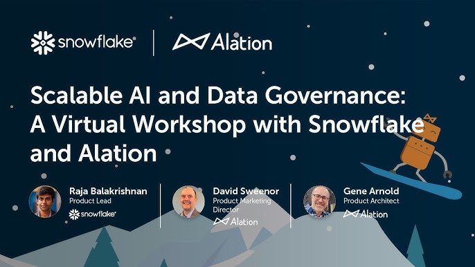 Visualization of data governance with Alation and Snowflake integration, showing cloud-native platforms connecting data points and ensuring compliance.