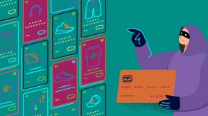 masked individual committing first-party fraud in banking using a stolen credit card for online shopping.