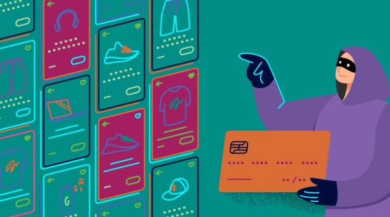 masked individual committing first-party fraud in banking using a stolen credit card for online shopping.