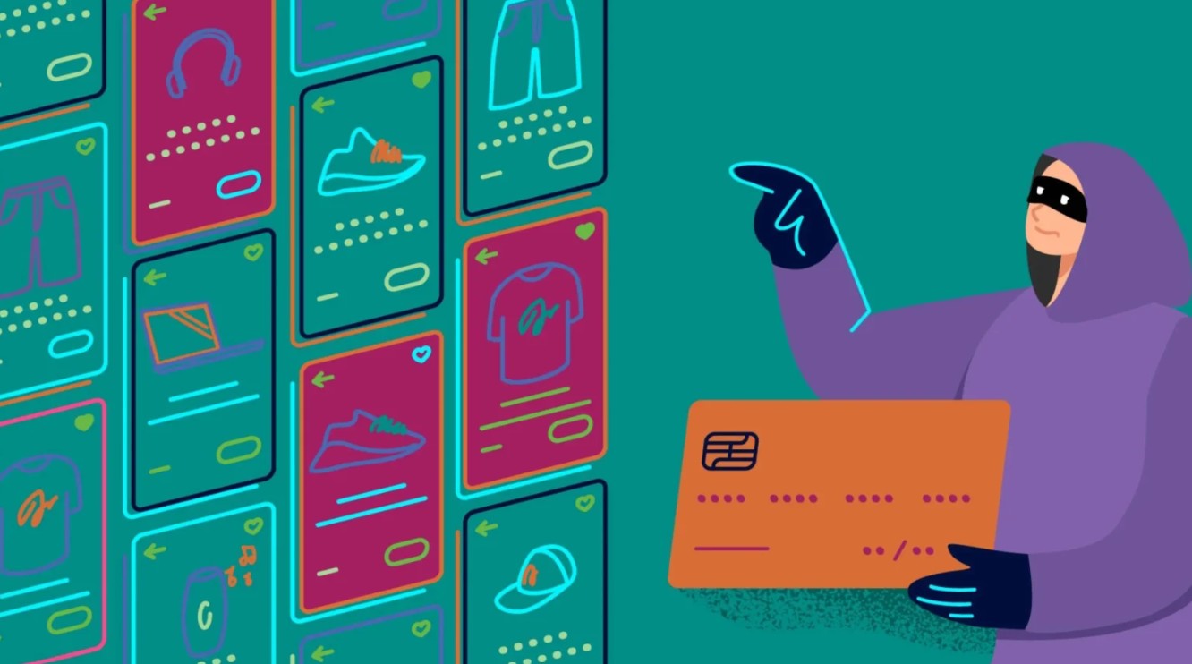 masked individual committing first-party fraud in banking using a stolen credit card for online shopping.