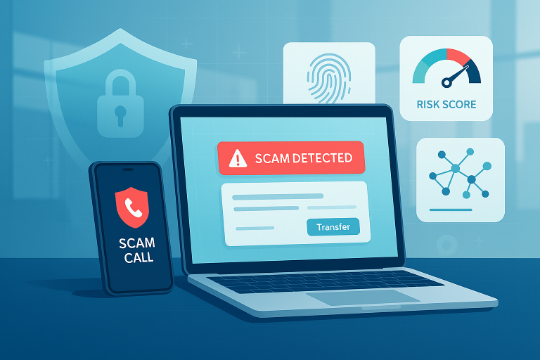 Bank scam prevention: laptop “Scam Detected” and phone “Scam Call” with risk score and fingerprint icons.