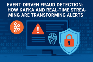 Event-driven fraud detection architecture with Kafka data streams, AI analytics, and real-time banking alerts in a dark blue fintech theme.