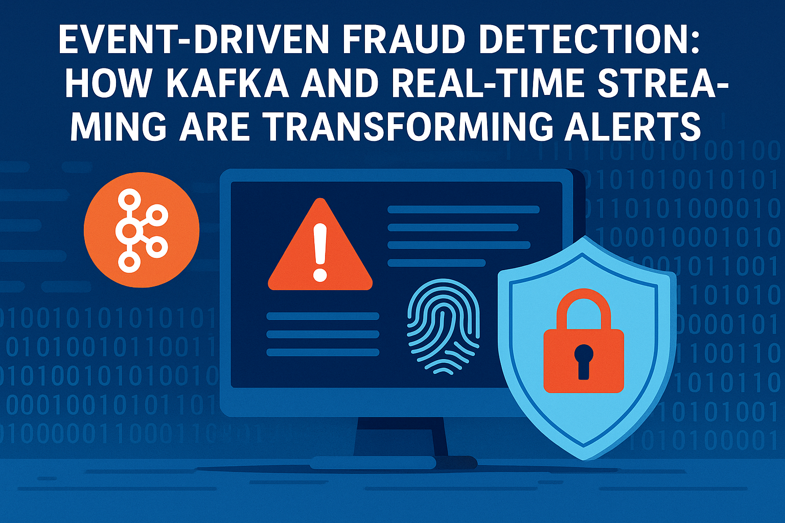 Event-driven fraud detection architecture with Kafka data streams, AI analytics, and real-time banking alerts in a dark blue fintech theme.