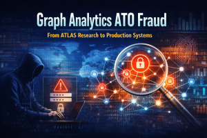 Graph analytics ATO fraud visualization showing connected sessions, network nodes, and account takeover risk detection