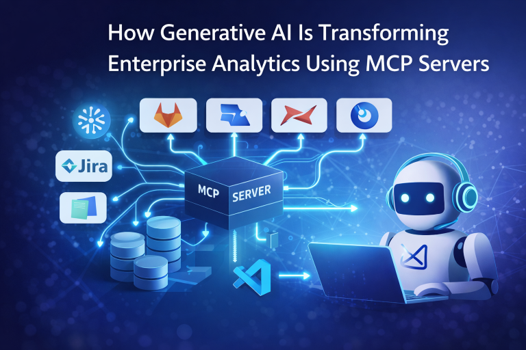 Diagram showing generative AI assistant connected to enterprise analytics tools through MCP servers including Snowflake, GitLab, Jira, Alation, Bigeye, and VS Code.