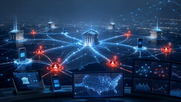 Digital banking network visualization showing instant payment fraud risk signals for FedNow network intelligence analysis